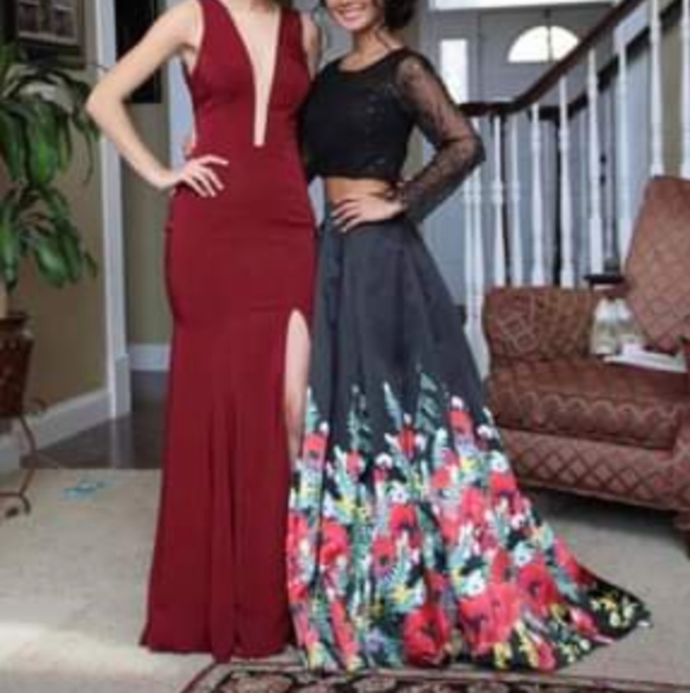 Two piece prom dress floral black pockets
